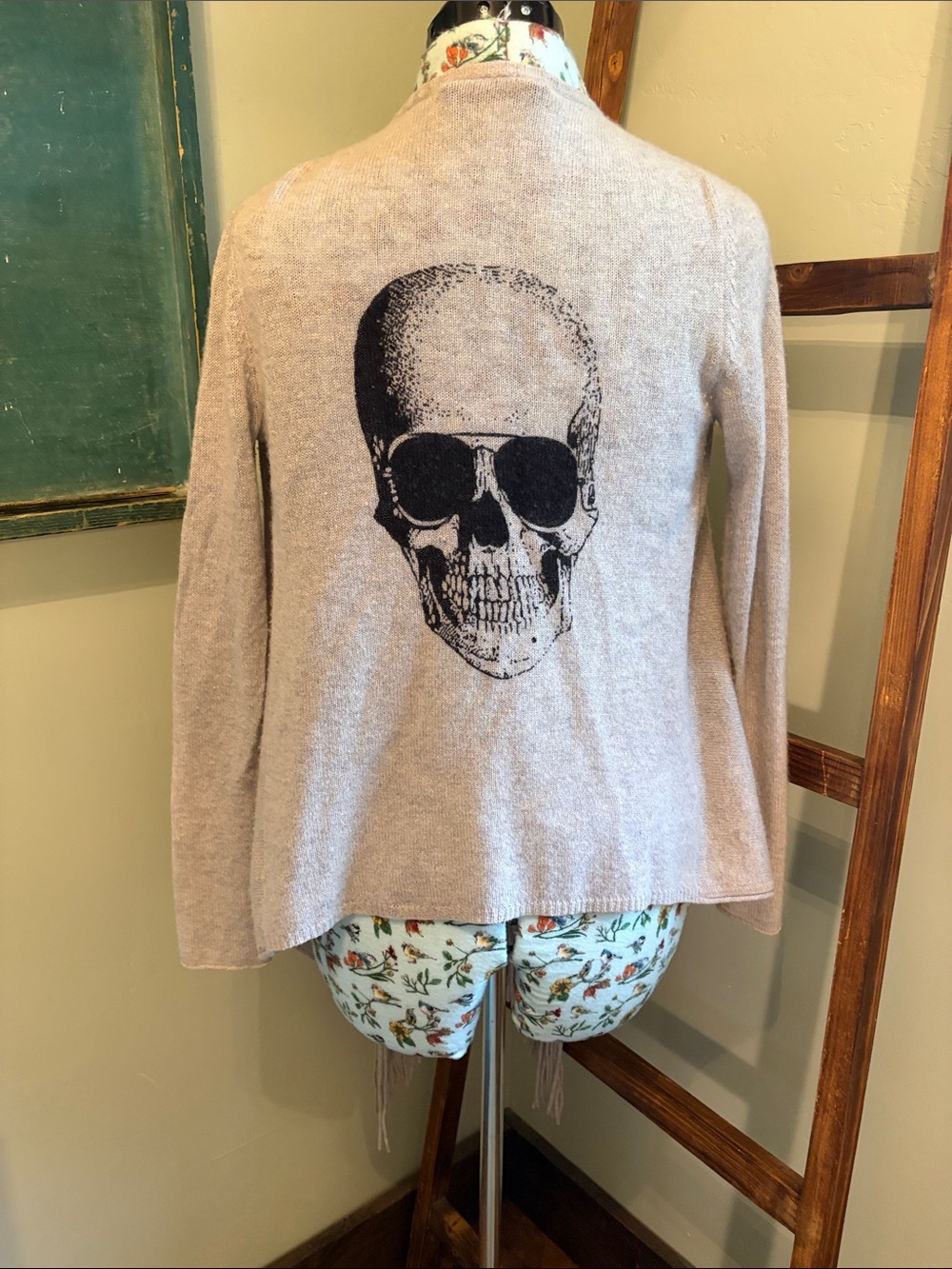 Skull Cashmere Taupe Cardigan with Black Skull Graphic